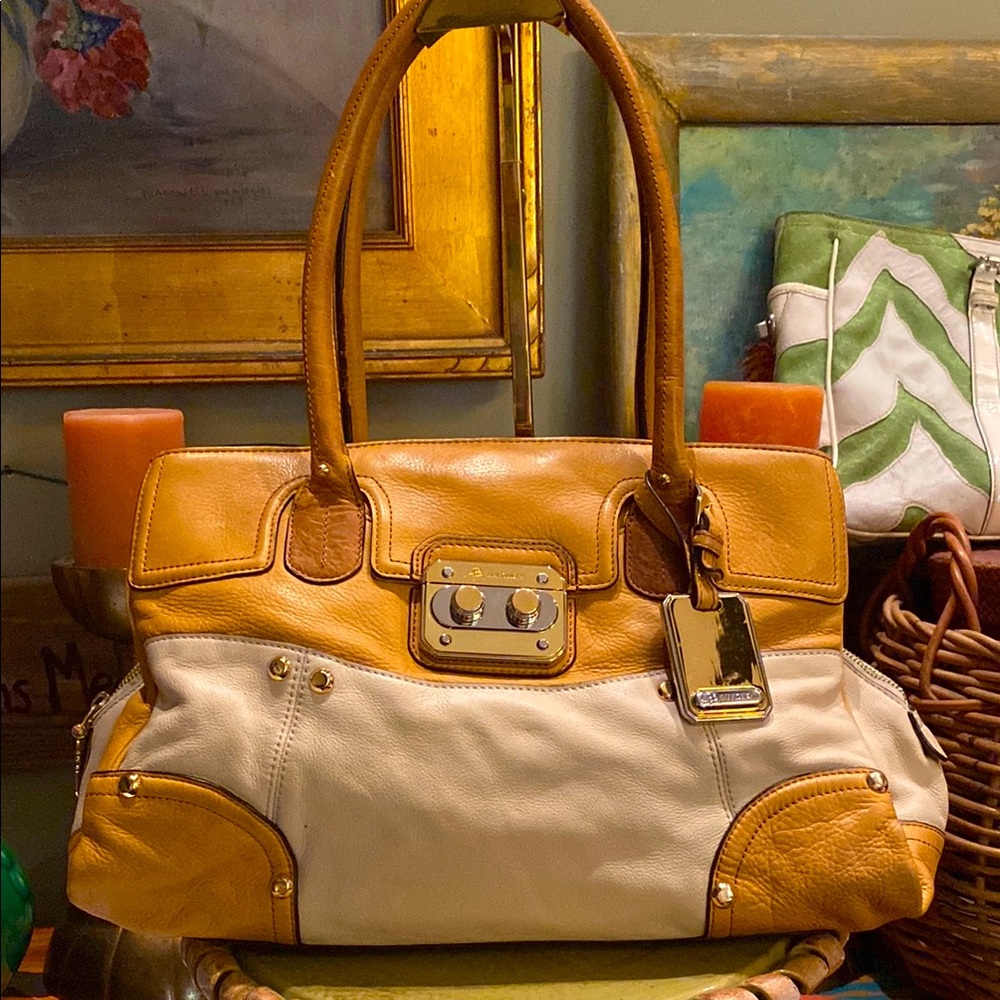 B. Makowsky Satchel Camel and Cream Handbag with Gold Tone Hardware